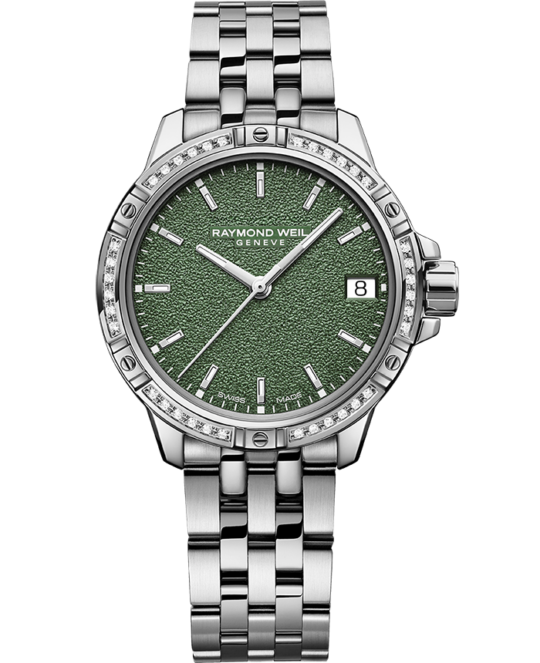 Tango Klassische Quarzuhr für Damen aus Stahl mit grünem, vereistem Zifferblatt, Diamanten und Datum, 30 mm